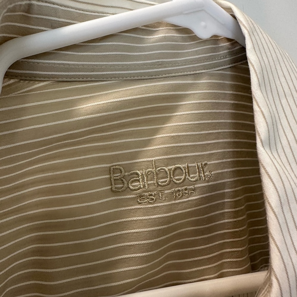 Barbour NWT women’s stretch pinstriped button down white and stone size 10 - Picture 4 of 7